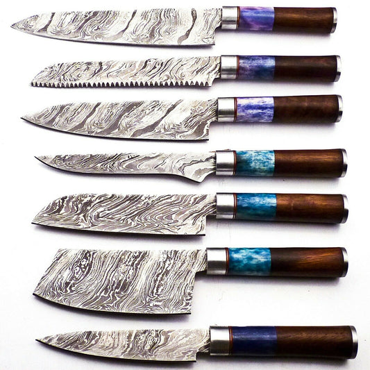 Damascus Steel Kitchen Knife 7pc Set With leather BAG, Razor sharp, DKS7H