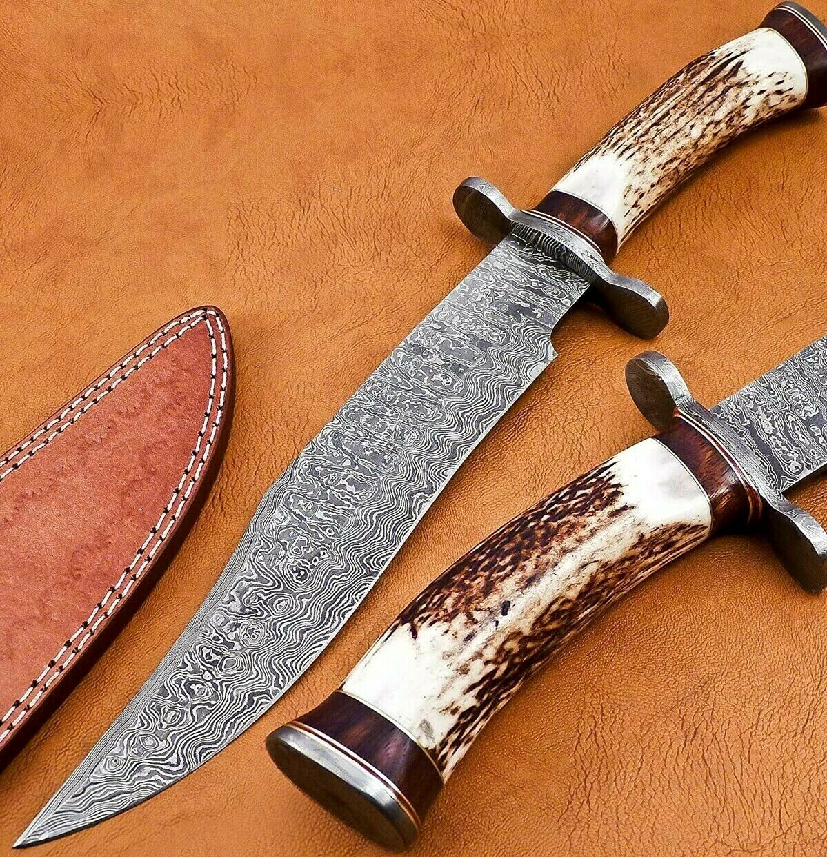 Handmade Damascus Steel 15 Inches Bowie Knife Horn Handle Damascus Guard /Sheath