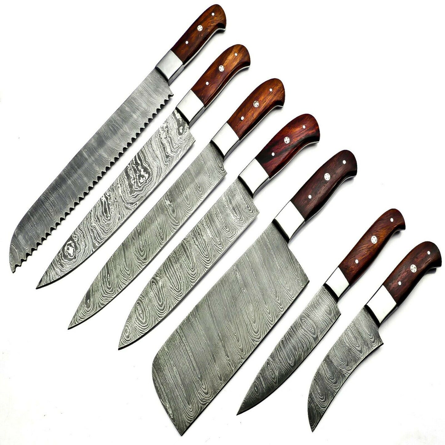 Handmade Damascus Steel Kitchen Knife Set 7 pcs Full Tang With Leather Bag