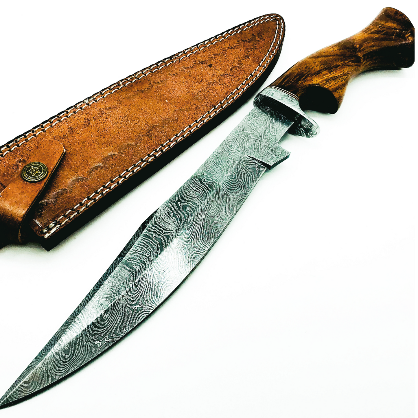 "Exquisite 15-Inch Handmade Damascus Steel Bowie Knife with Rosewood Handle and Leather Sheath"