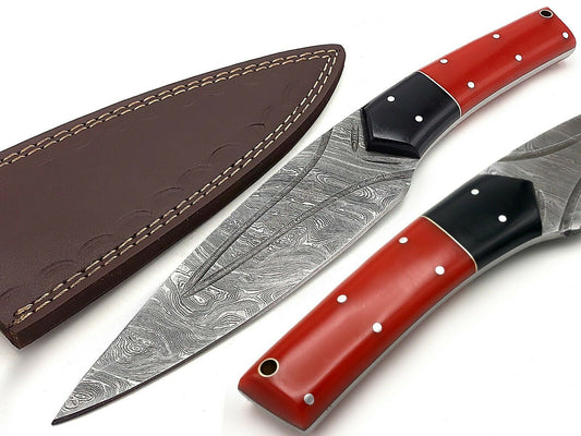 Handmade Damascus Bowie Knife Sharp Blade Resin Red Handle With Leather Sheath