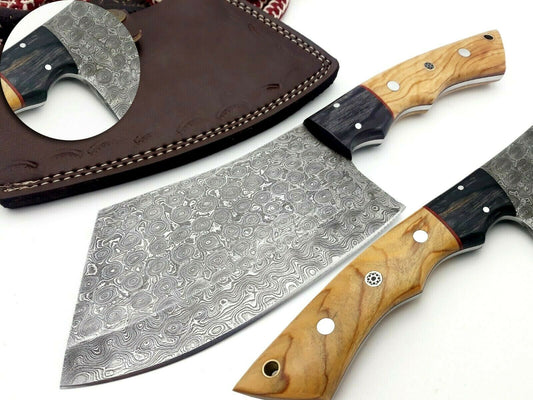 Professional Damascus chef cleaver 167 layers With Leather Sheath Full Tang
