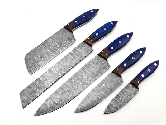 Handmade Damascus Knife Set 5piece Full Tang Rosewood Bolster & Wood Razor Sharp