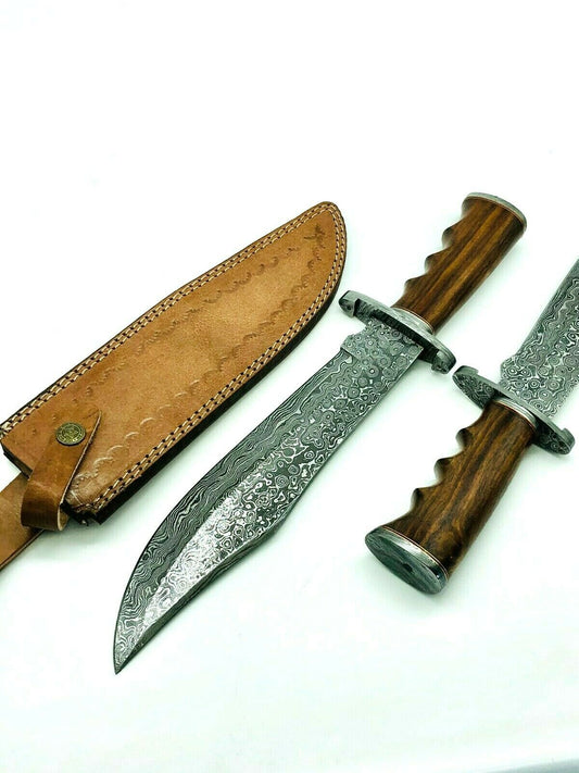 Handmade Damascus Steel 15 Inches Bowie Knife- Solid Wood Handle, W/ Sheath