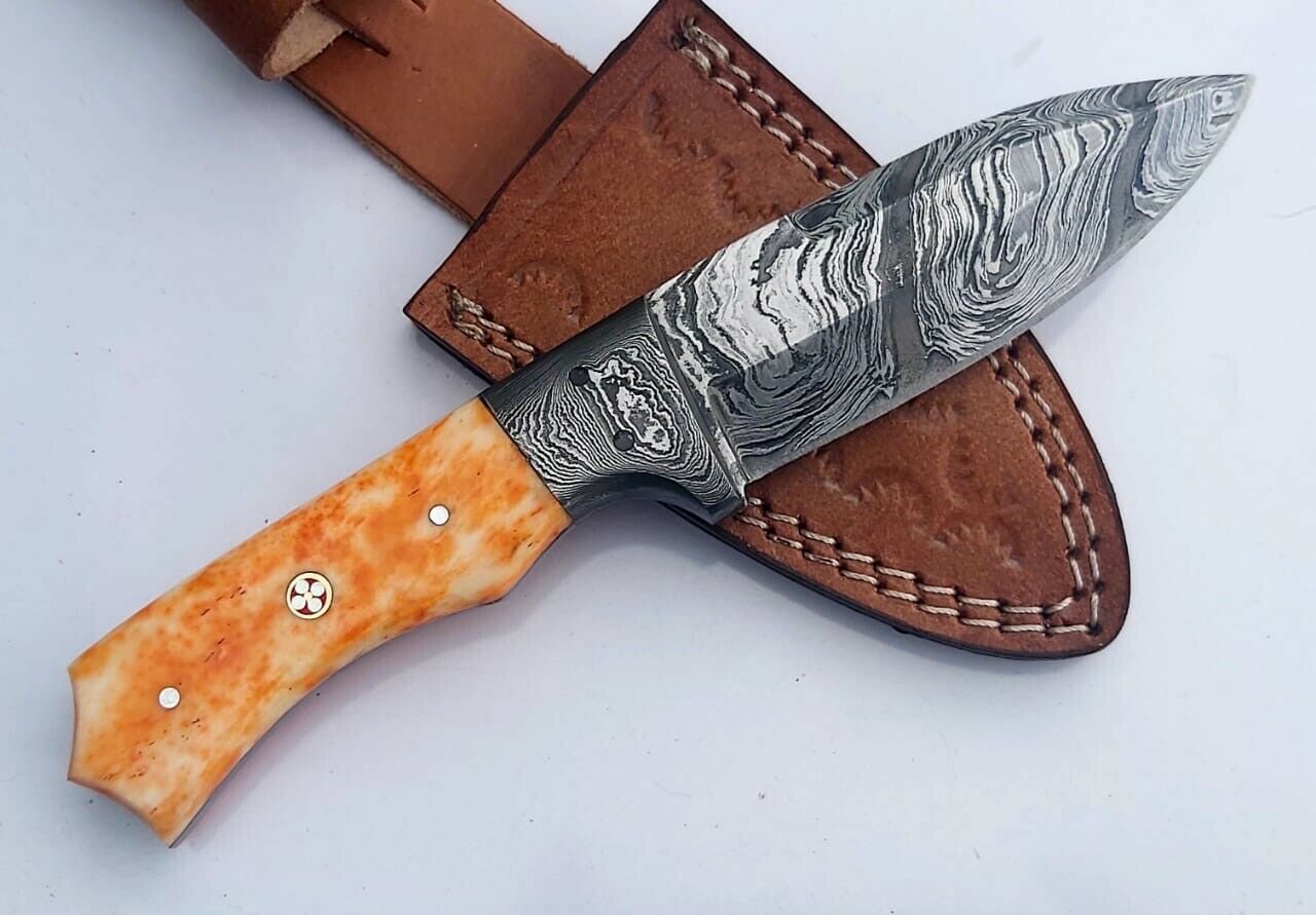 Custom Handmade Damascus Steel Knife Coloured Bone Handle Full Tang with sheath
