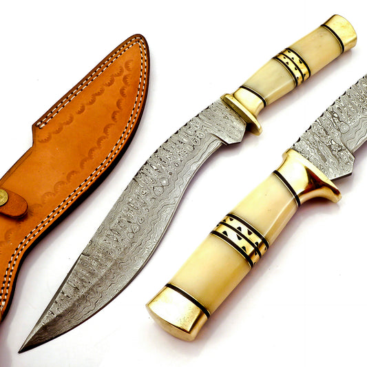 Handmade Kukri Knife Exotic Camel Bone and Brass Handle Damascus Steel Ladder Pattern Razor Sharp blade and Brass Spacer with Leather Sheath 17.5 inches