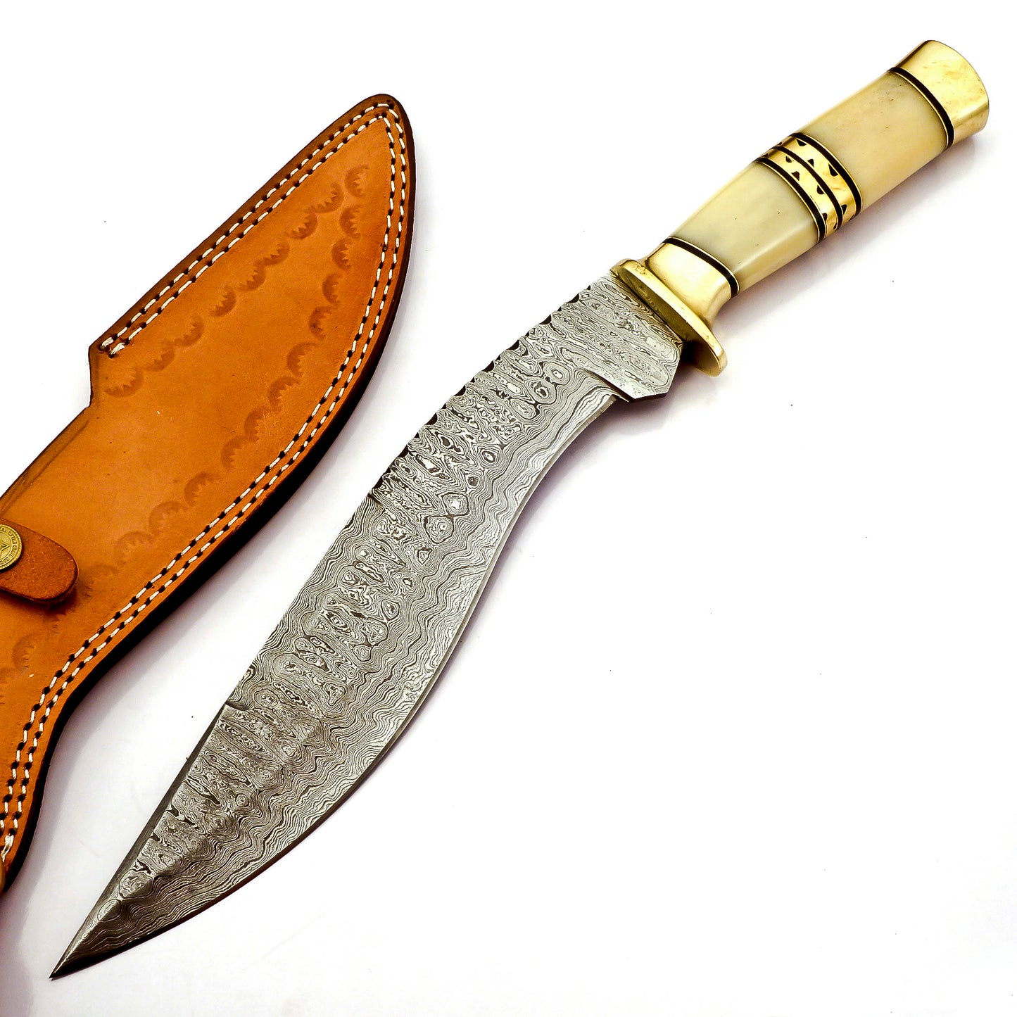 Handmade Kukri Knife Exotic Camel Bone and Brass Handle Damascus Steel Ladder Pattern Razor Sharp blade and Brass Spacer with Leather Sheath 17.5 inches