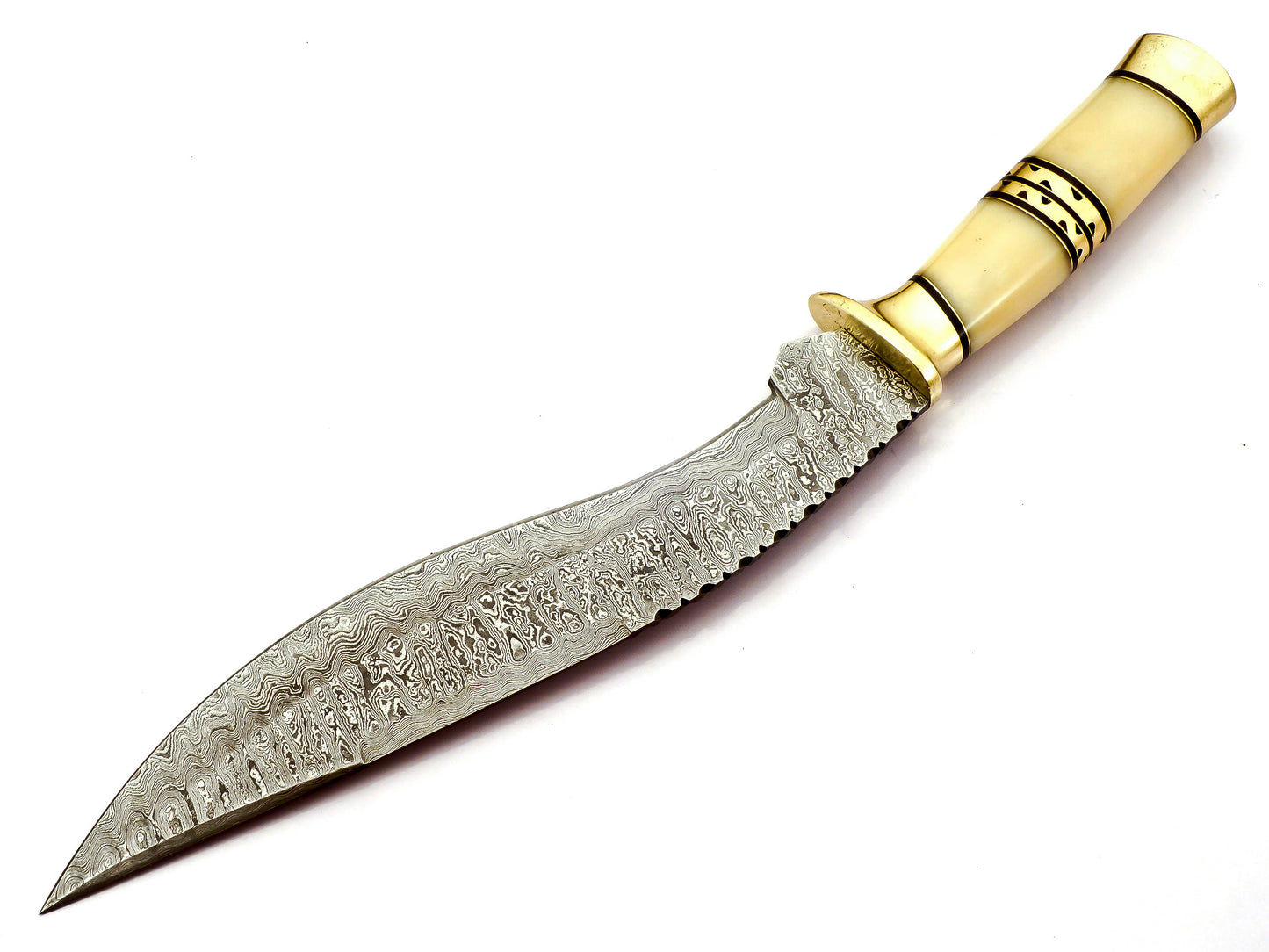 Handmade Kukri Knife Exotic Camel Bone and Brass Handle Damascus Steel Ladder Pattern Razor Sharp blade and Brass Spacer with Leather Sheath 17.5 inches