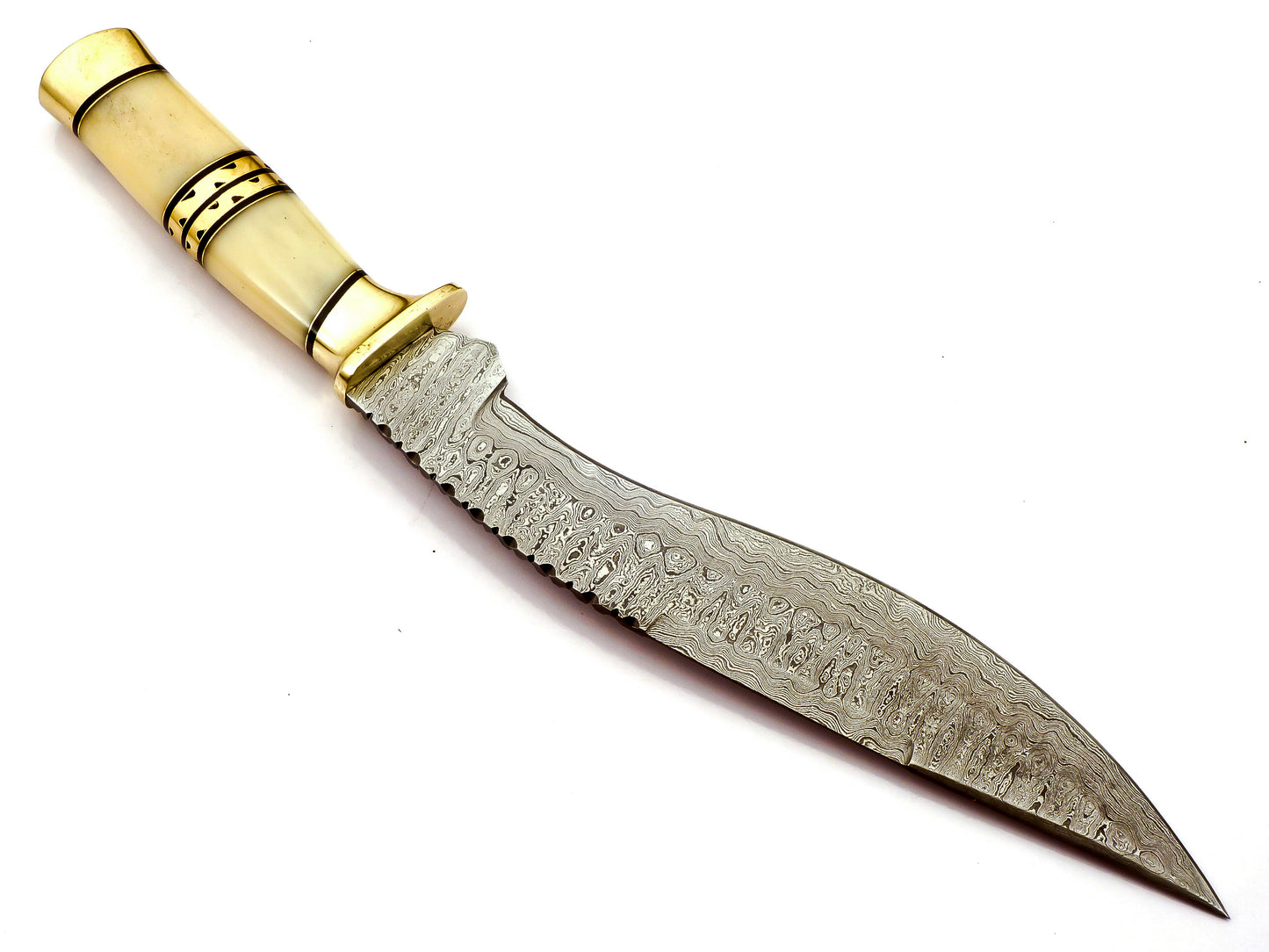 Handmade Kukri Knife Exotic Camel Bone and Brass Handle Damascus Steel Ladder Pattern Razor Sharp blade and Brass Spacer with Leather Sheath 17.5 inches