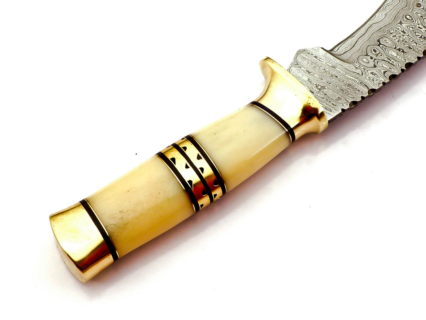 Handmade Kukri Knife Exotic Camel Bone and Brass Handle Damascus Steel Ladder Pattern Razor Sharp blade and Brass Spacer with Leather Sheath 17.5 inches