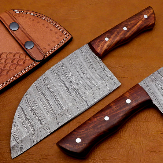 Handmade Damascus Chef Cleaver Knife W/Sheath Full Tang Walnut Wood Handle 12inc
