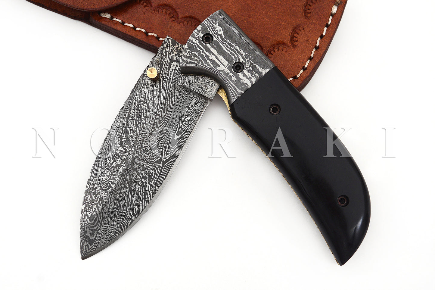 Handmade Damascus Steel Folding pocket Camp Knife Buffalo Horn Handle W/ Sheath