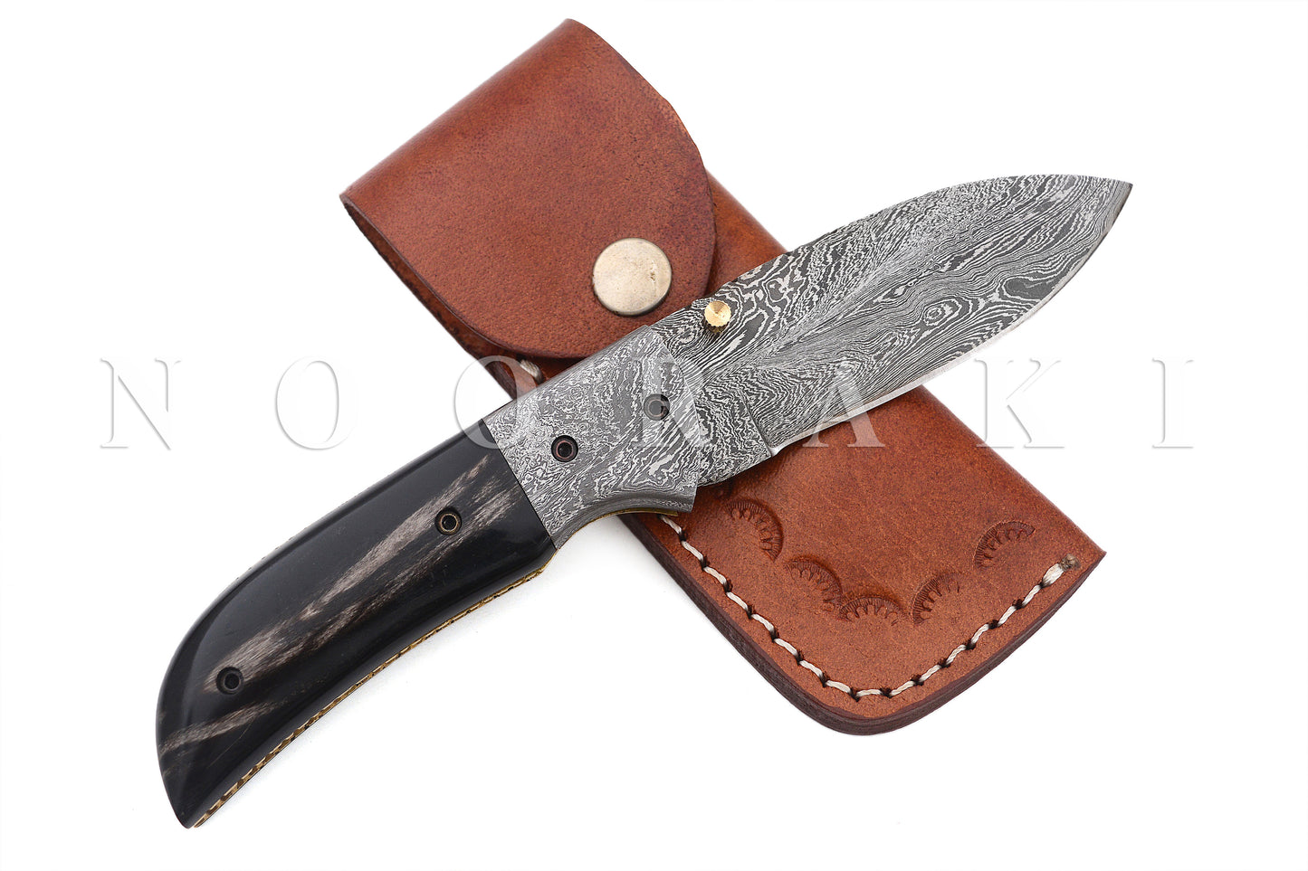 Handmade Damascus Steel Folding pocket Camp Knife Buffalo Horn Handle W/ Sheath