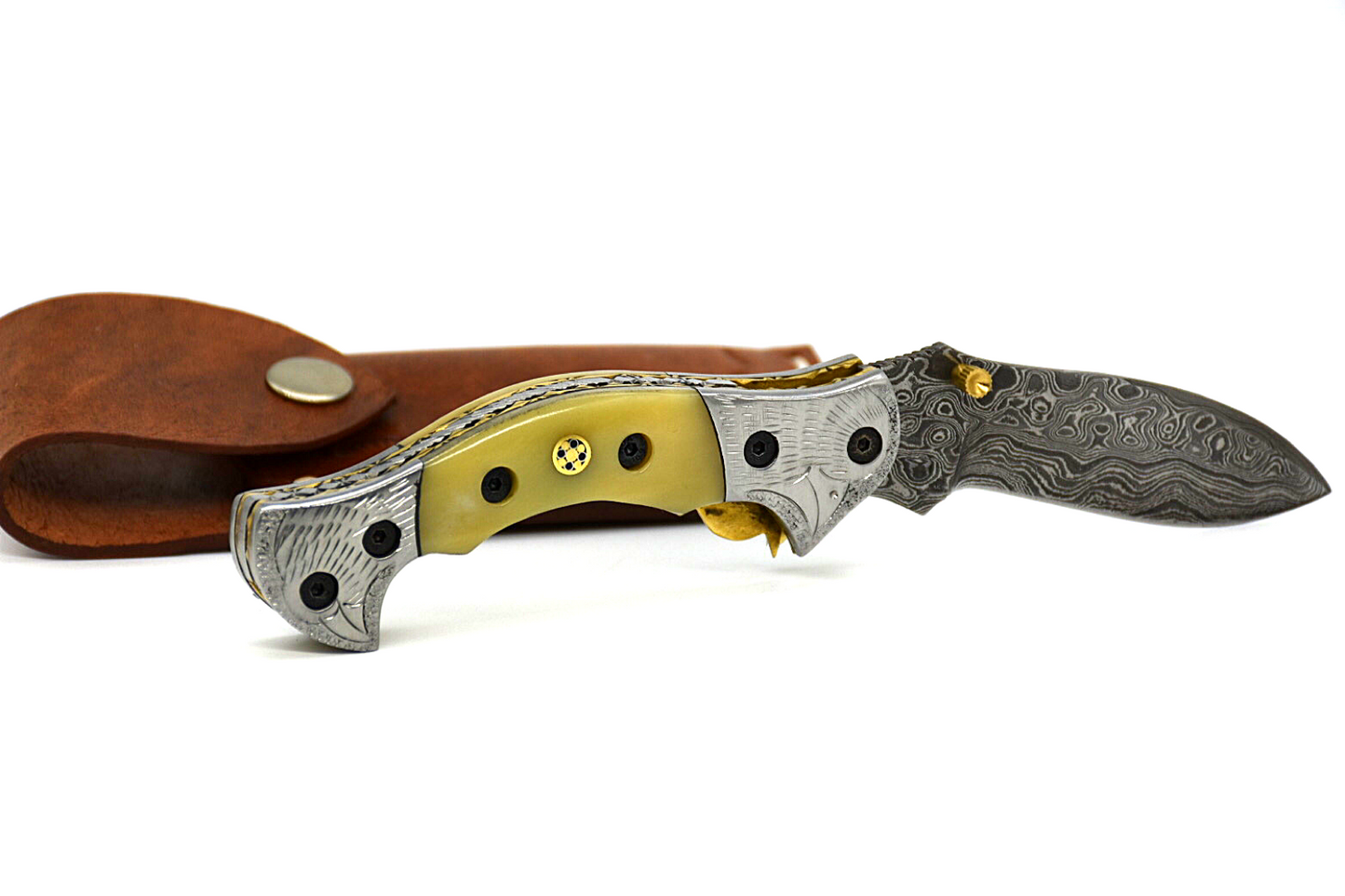 Limited edition - Handmade Damascus Steel Folding Knife - Natural Polished Camel Bone Handle with Leather Sheath