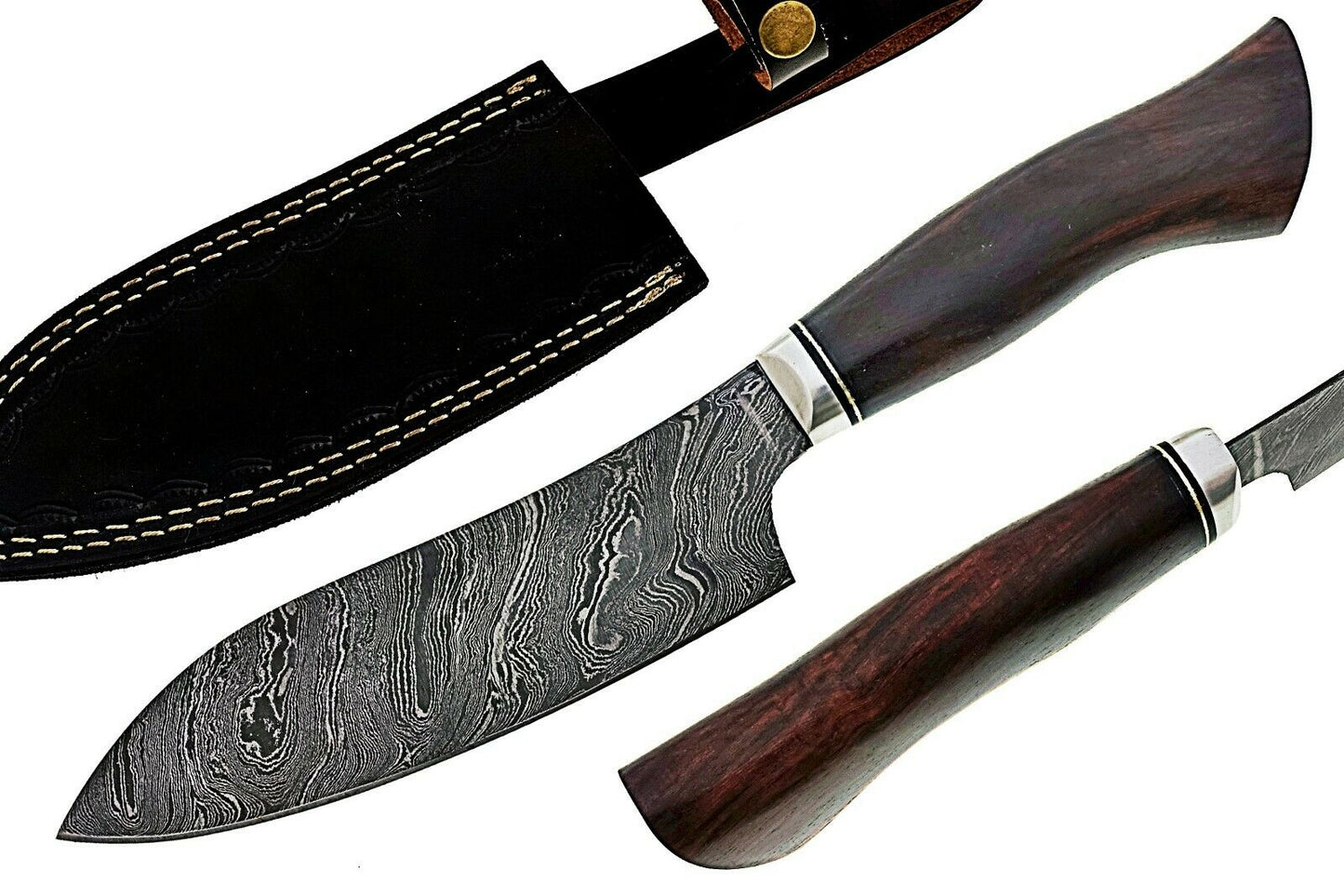 Hand Forged Damascus Chef/ Kitchen Knife With Leather Sheath 33cm